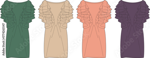 Elegant dresses with ruffled details and elastic waist in various colors, perfect for casual wear