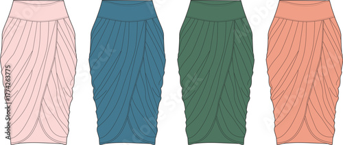 Flat technical fashion illustration of a draped jersey skirt, presented in a set of four diverse color variations for apparel design and clothing template creation