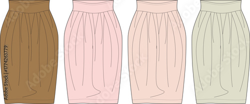 Collection of stylish women's pencil skirts in various warm, muted colors, featuring a gathered waist and a sleek silhouette, ideal for fashion design and apparel concepts