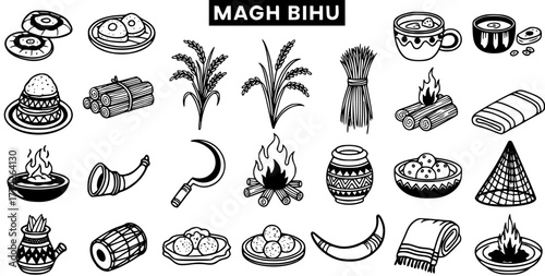 Magh Bihu Assamese Harvest Festival Icons Set. Doodle collection of traditional elements like food, bonfire, agriculture tools, music, and cultural items in black and white outline.