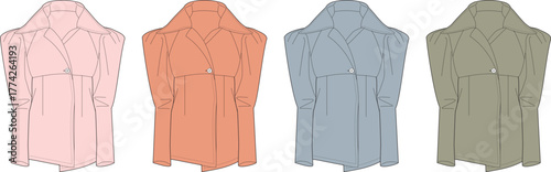 Set of fashionable women's blouses in different colors, featuring elegant puffed sleeves and a modern, tailored silhouette suitable for contemporary apparel design and style showcases