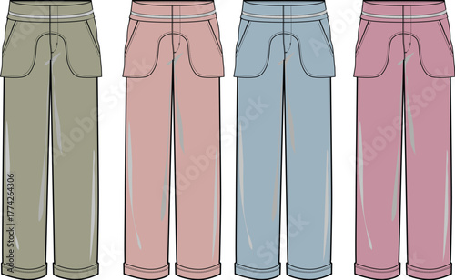 Fashion illustration of four pairs of women's trousers in different colors, featuring a distinct pocket design and a relaxed fit, showcasing style and comfort for everyday wear