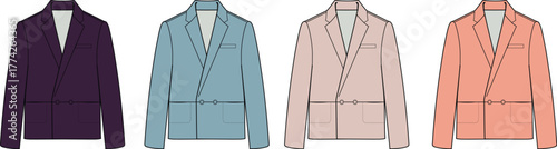 Four different colored jackets laid out flat, showcasing a modern style and elegant design suitable for fashion designers