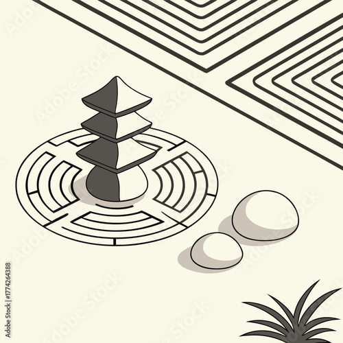 Isometric Zen Garden with Pagoda and Raked Sand japanese garden