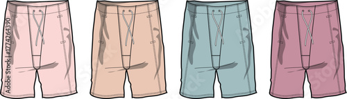 A collection of men's boxer shorts illustrations in various pastel colors. This apparel set serves as a fashion design technical flat sketch template