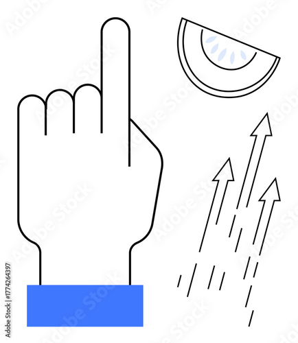 Hand raising one finger, arrows symbolizing progress, lemon slice indicating freshness. Ideal for navigation, decision-making, progress, growth, health vitality minimal style. A simple flat