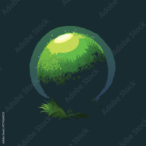 Luminous green spherical forest with glowing light and grass