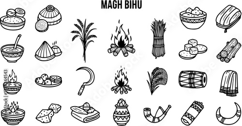 Magh Bihu Vector Icon Set: Celebration of the Assamese Harvest Festival