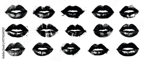 Set imprint kiss lips. Black silhouettes isolated on transparent background. Realistic vector kiss in black color. Human lips. Lip logo design. Sexy female lips symbols. Modern pop art grunge style