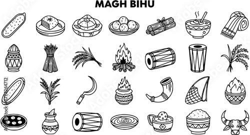 Magh Bihu Assamese Harvest Festival Traditional Items Doodle Set. Hand-drawn Icons of Food, Culture, and Celebration Elements.