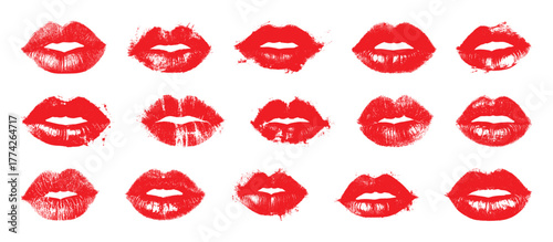 Set imprint kiss lips. Red silhouettes isolated on transparent background. Fashion lipstick prints and love lips kisses makeup vector illustration set. Different sexy kissing isolated silhouettes