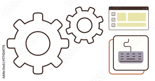 Two gears, a browser window with checklist and keyboard interface illustrating workflow, automation, or system setup. Ideal for technology, engineering, software, teamwork, planning efficiency