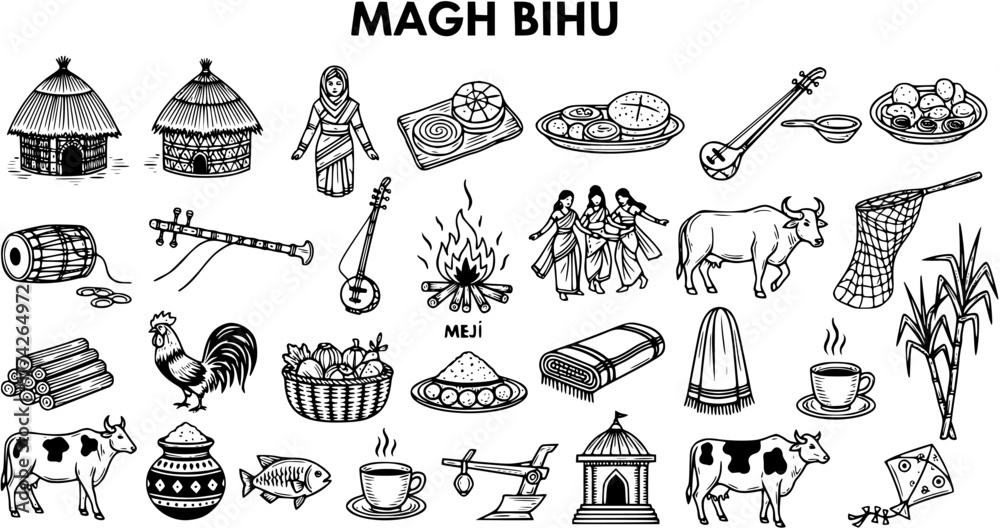 Obraz premium Magh Bihu Line Art Icons Collection: Assam Harvest Festival Symbols