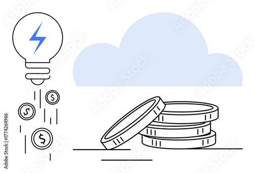 Light bulb emitting coins, stack of coins, and cloud above. Ideal for innovation, ideas, finance, investment, cloud technology savings profit growth. Clean and simple flat metaphor