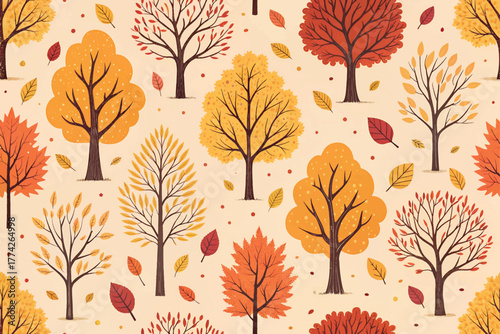 Seamless Autumn Pattern with Colorful Fall Trees and Leaves.
