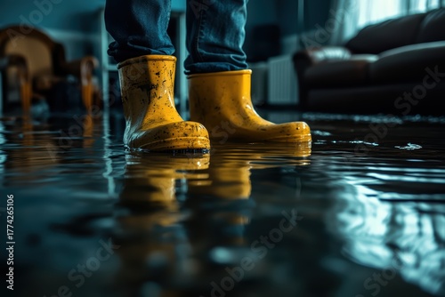 Facing the Flood: A Person Stands Firm in Yellow Boots Amidst Indoor Water Damage