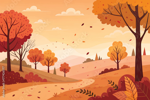 Colorful Fall Foliage Artwork with Red, Orange & Yellow Trees in Scenic Nature.