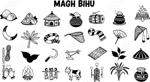 Magh Bihu Doodle Set: Assam Harvest Festival Icons