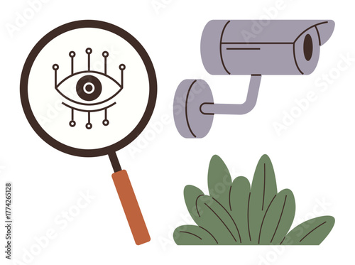 Magnifying glass with digital eye, surveillance camera, and bush detail. Ideal for technology, cybersecurity, privacy, monitoring, protection analysis observation themes. Simple flat metaphor