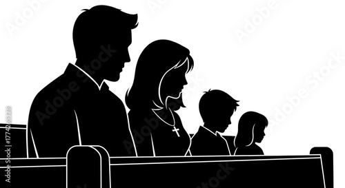 A solemn silhouette of a family, including parents and children, attending a meaningful religious service or ceremony in a church pew, symbolizing faith and togetherness.