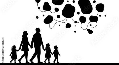 A minimalist silhouette of a family, parents and three children, walking hand-in-hand, symbolizing unity, shared aspirations, and an interconnected journey.
