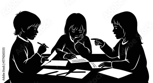 A striking black and white illustration depicts three young students intently collaborating on schoolwork at a shared table, symbolizing focused learning and teamwork.
