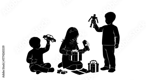 Three joyful children, depicted in silhouette, eagerly unwrap and play with their new Christmas presents, symbolizing the excitement of holiday gift-giving.