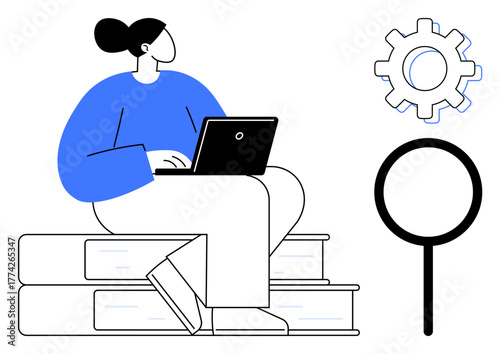 Person working on a laptop sitting on stacked books alongside a gear and magnifying glass. Ideal for education, research, technology, innovation, self-improvement, problem-solving, digital learning