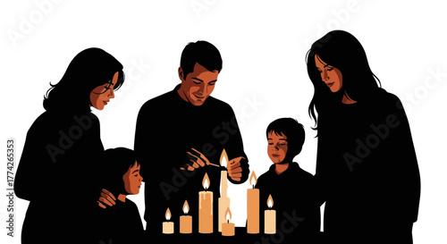A loving family gathers together, illuminating the darkness with warm candlelight, celebrating a special holiday moment, fostering peace and togetherness.