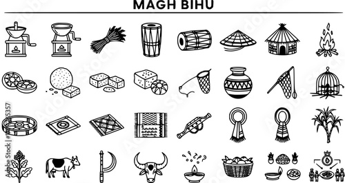Magh Bihu Traditional Elements Icons - A Cultural Festival Celebration in Assam, India
