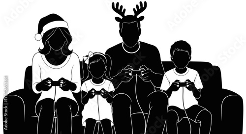 A festive family celebrates Christmas by enjoying a cozy video game session together on the couch, wearing holiday accessories.