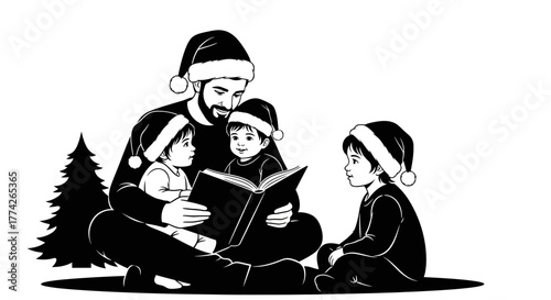 A tender black and white illustration shows a father in a Santa hat reading a Christmas story to his three children, symbolizing holiday warmth and family unity.