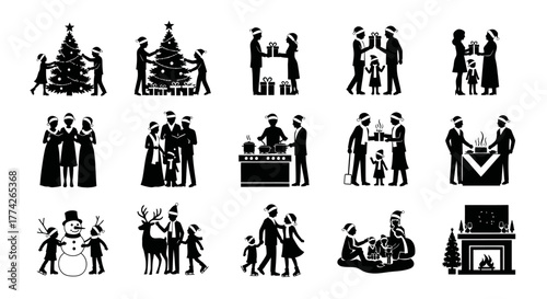 A diverse set of black silhouette icons illustrating heartwarming Christmas and winter holiday traditions, capturing family joy, celebration, and togetherness.