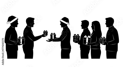 People in festive Santa hats participate in a cheerful gift exchange, symbolizing generosity and holiday spirit during the joyful Christmas celebration.