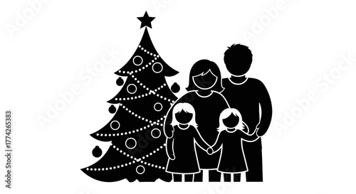 A heartwarming silhouette depicts a joyful family, parents and two kids, celebrating the festive Christmas holiday season with a decorated tree.