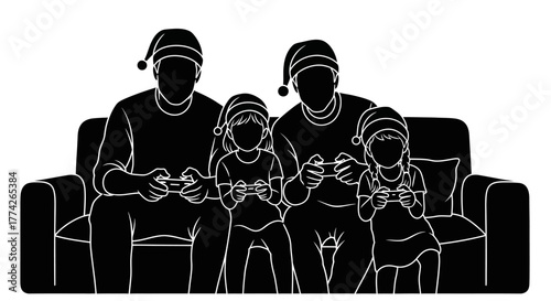 A happy family wearing festive Santa hats enjoys a cozy Christmas evening indoors, playing video games together on the sofa, celebrating holiday joy.