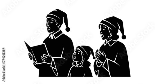 A family of three, including two adults and a child, joyfully sings Christmas carols together, wearing festive nightcaps in a heartwarming holiday scene.