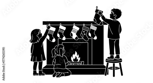 Three joyful children eagerly hang festive Christmas stockings above a warm, crackling fireplace, celebrating the holiday season with anticipation.
