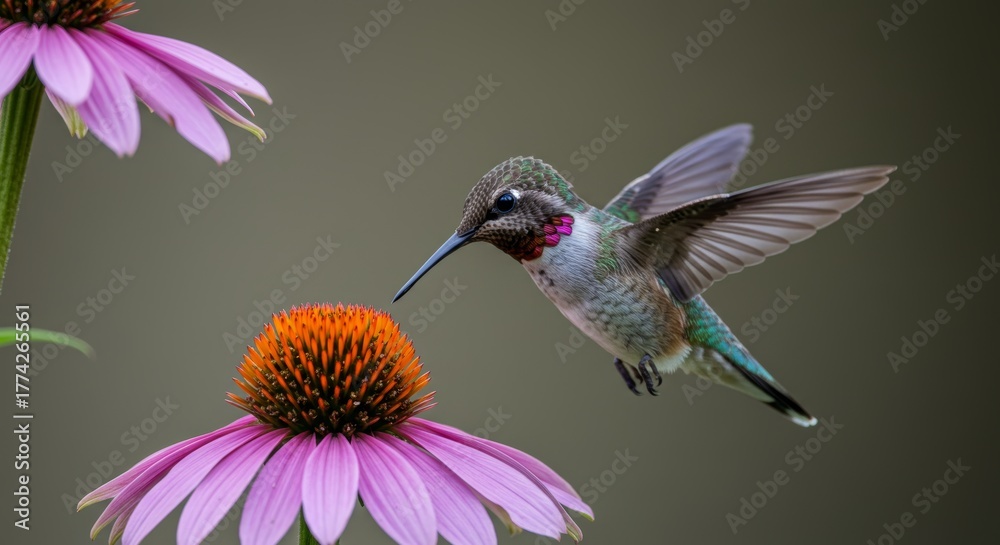Fototapeta premium Hummingbird hovering near vibrant cone flowers in a serene garden setting, showcasing nature's beauty