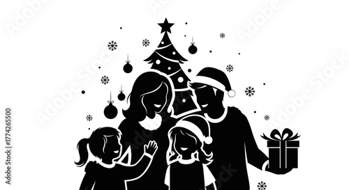 A heartwarming black and white silhouette illustration depicts a joyful family celebrating Christmas together around a decorated tree with presents, evoking festive holiday spirit.