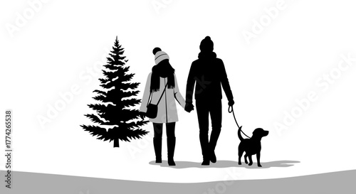 A loving couple enjoys a peaceful winter walk with their loyal dog beside a festive Christmas tree, celebrating the holiday season outdoors.