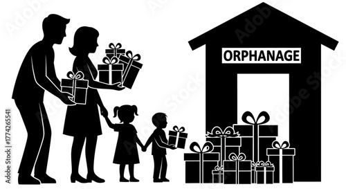 A silhouette family delivers numerous wrapped Christmas presents to an orphanage, symbolizing generosity and holiday charity for children in need.