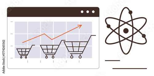 Shopping carts on chart with upward trend, atom model for science and growth. Ideal for e-commerce, technology, data analysis, innovation, business growth, market trends, digital economy simple flat