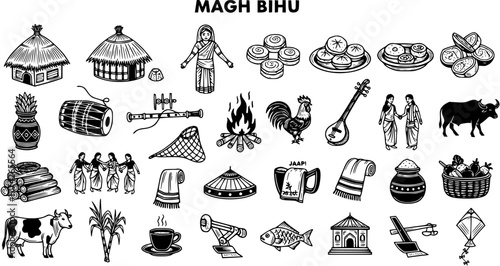 Magh Bihu Festival Line Art: Traditional Elements of Assam Celebration