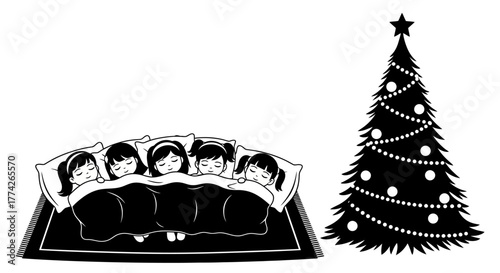 Five young girls are peacefully sleeping together under a warm blanket, eagerly awaiting Christmas morning next to a beautifully decorated tree.
