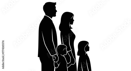A striking black silhouette depicts a loving family unit, featuring a father, mother, and their two young children standing together in unity.