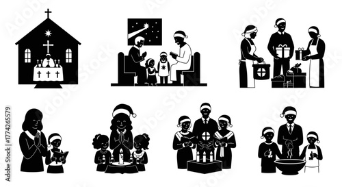 A cohesive set of black and white icons illustrating diverse Christmas and religious traditions, featuring church, family prayer, gift-giving, and festive gatherings.