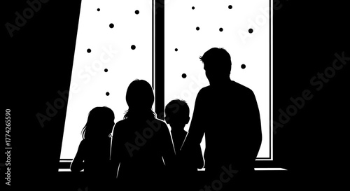 A silhouetted family, including parents and two children, gazes out a window at falling snow, anticipating the magic of Christmas Eve together.