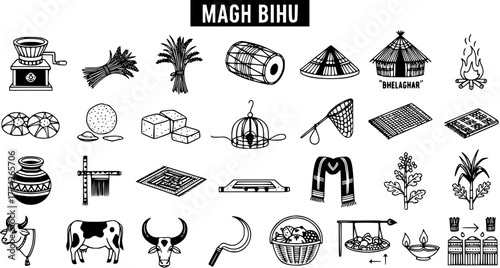 Magh Bihu Assamese Harvest Festival Icons Set. Traditional Culture, Food, Agriculture, Celebrations  Rural Life Elements in Black  White Line Art.