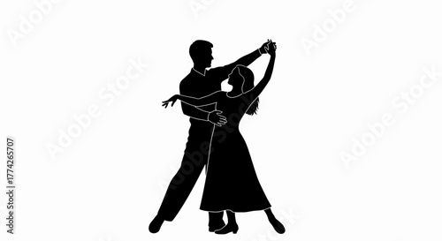 An elegant silhouette of a man and woman gracefully performing a partner dance, showcasing their synchronized movement and romantic connection.
